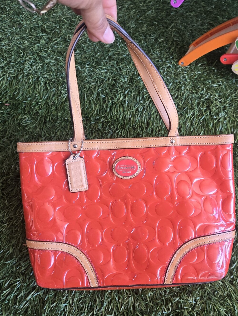 Coach Orange Patent Tote with Tan Trim